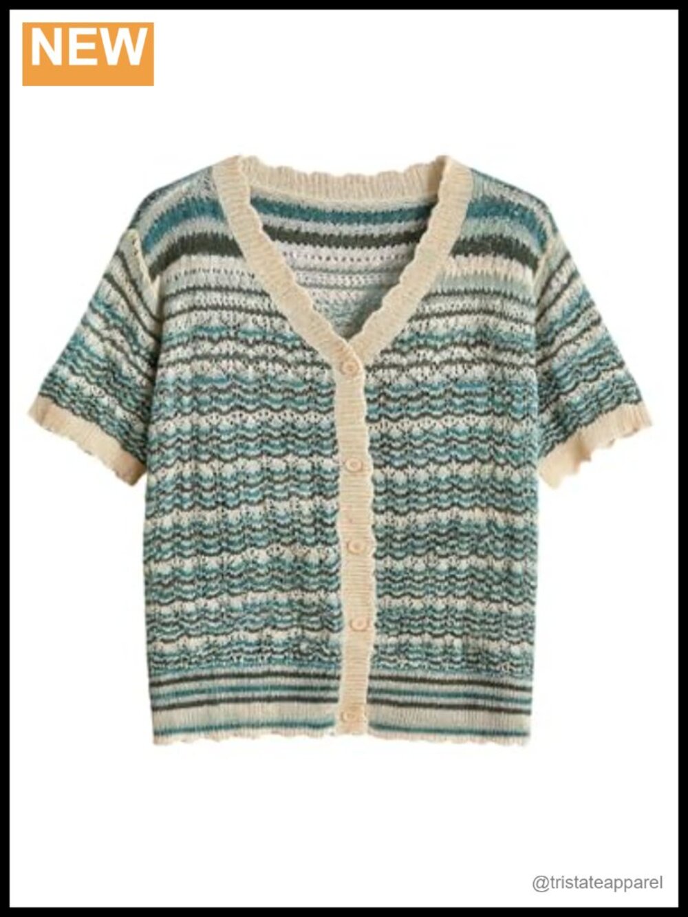Women's Striped Jacquard Knit V-Neck Button Down Short Sleeve Blouse